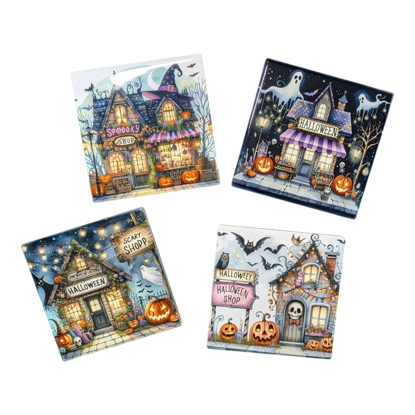 Halloween Coasters, Haunted Shops, Set of 4.
