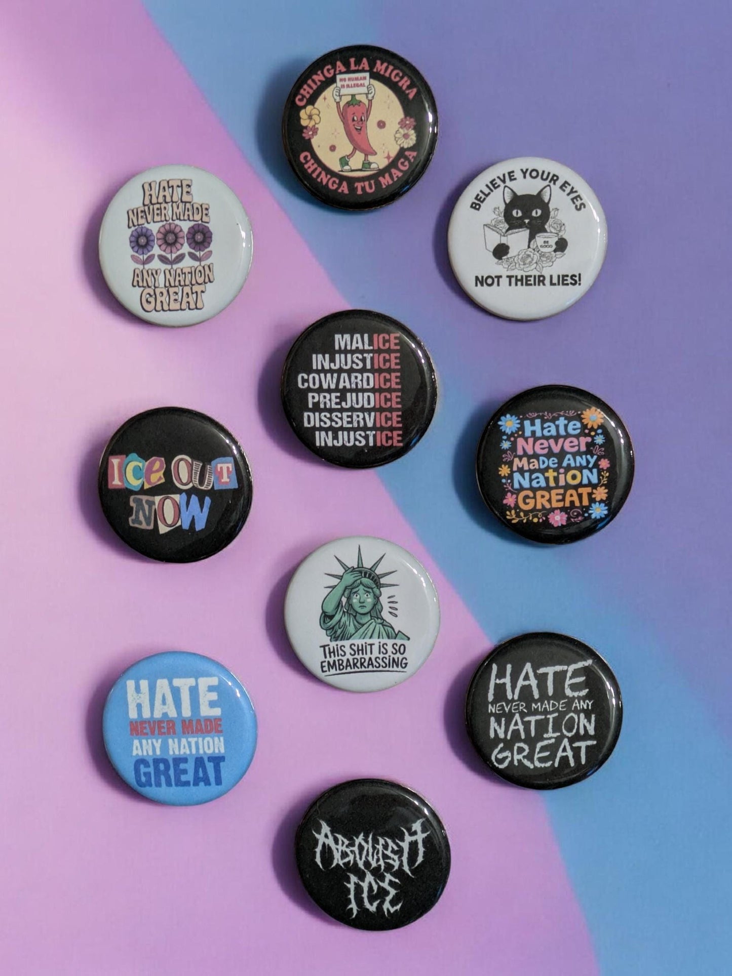 Abolish ICE Pinback Buttons, Political Protest Art, 1.25"