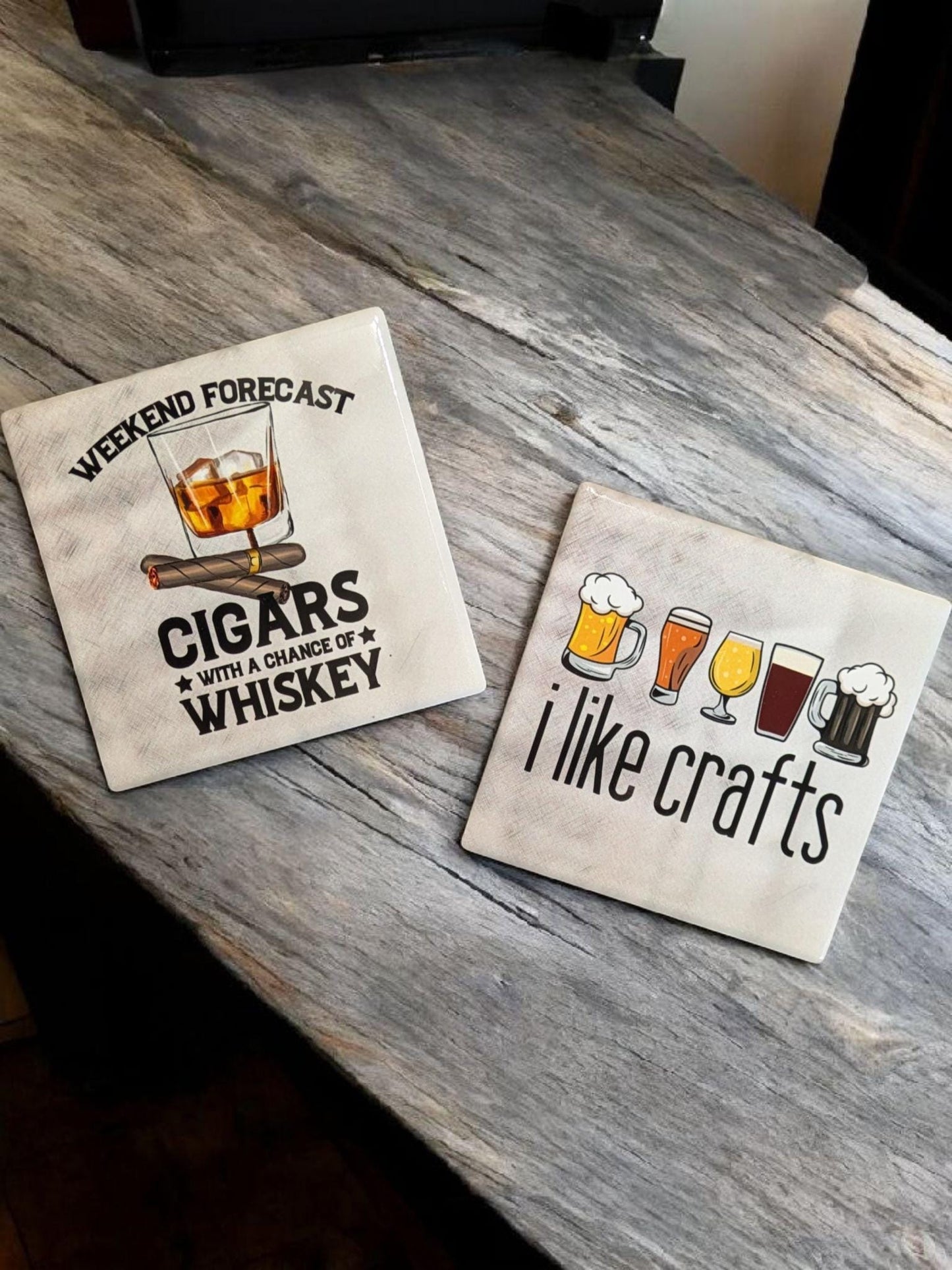 Beer Drinker Gift, Beer Lover, Beer & Cigars Coasters Set of 2