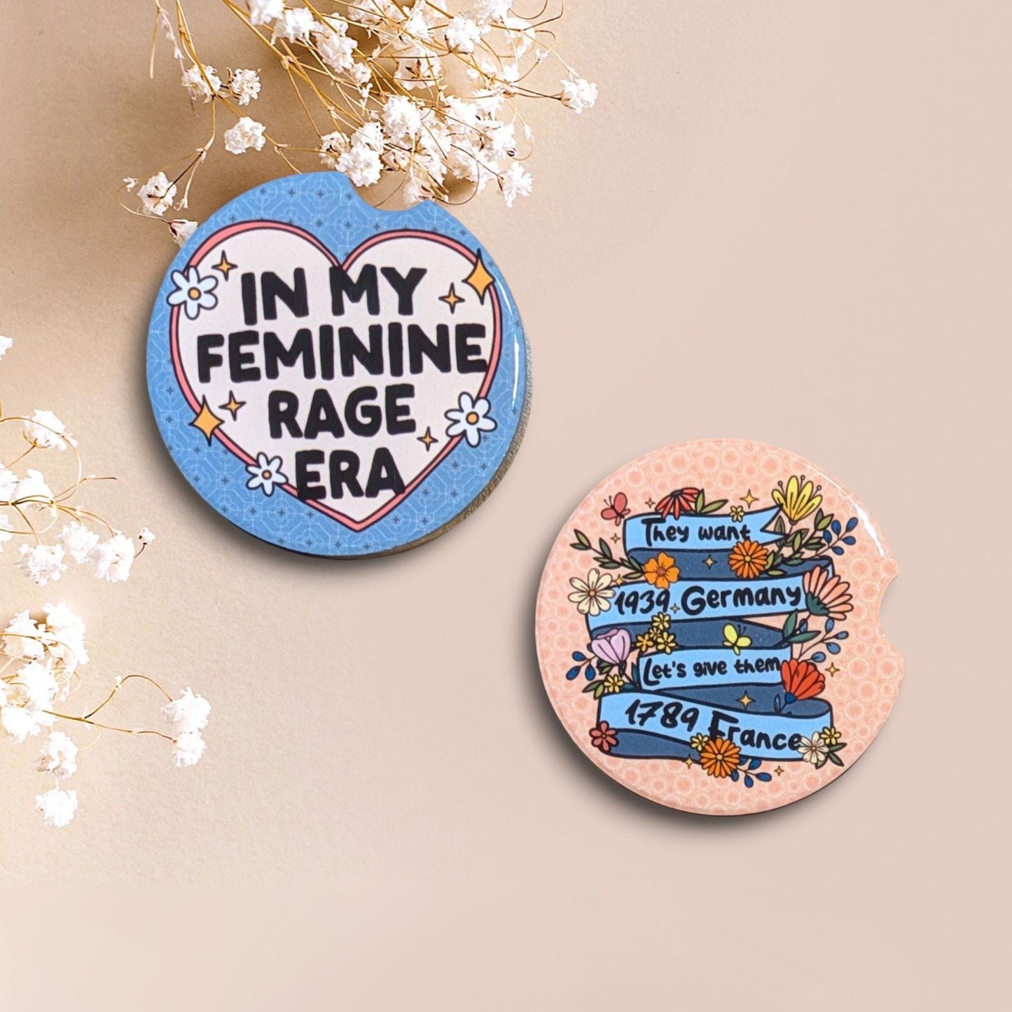Female Rights, Feminine Rage Era, Car Coasters Set of 2