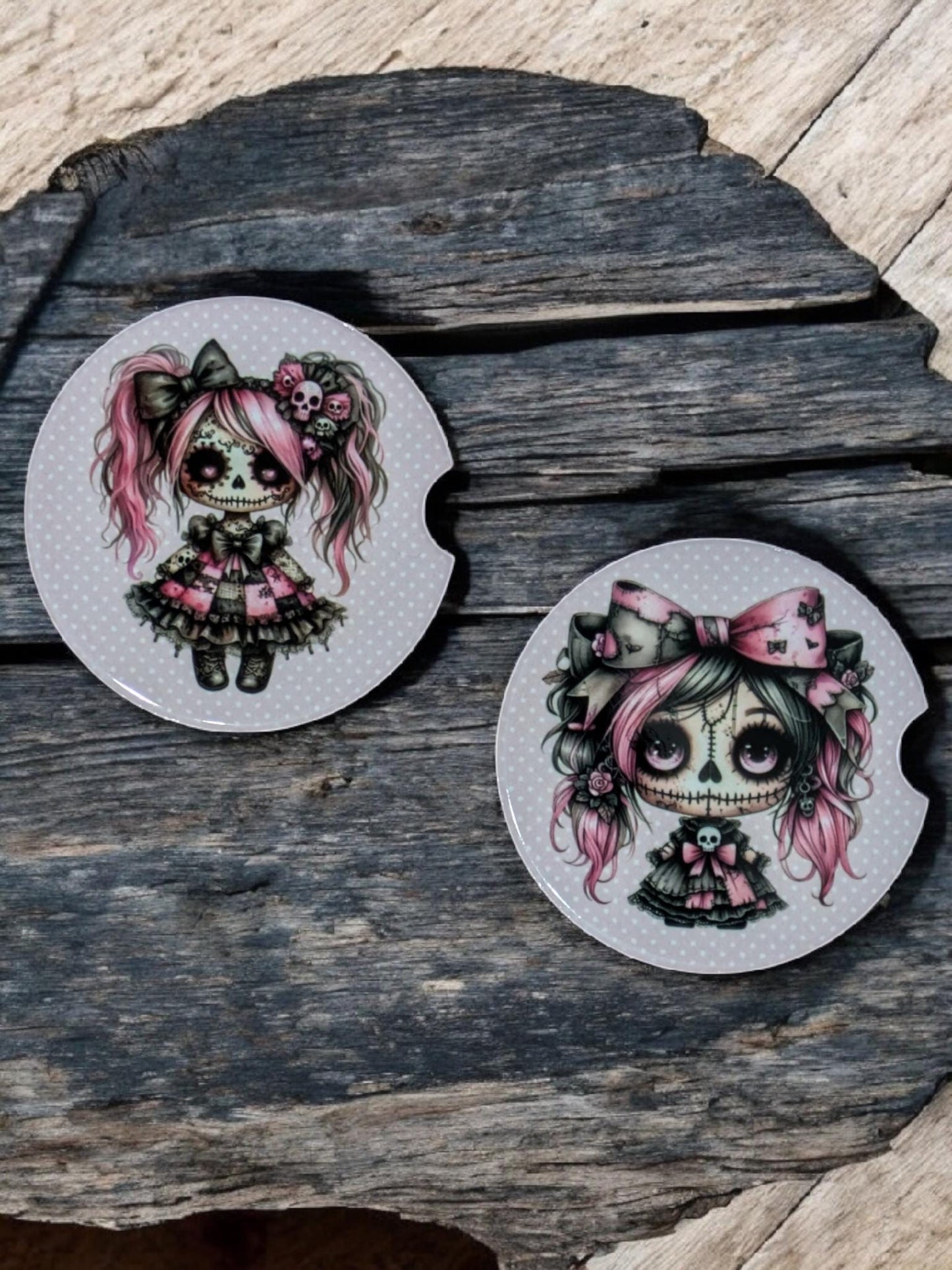 Creepy Dolls Car Coasters, Pink, Ceramic Set of 2