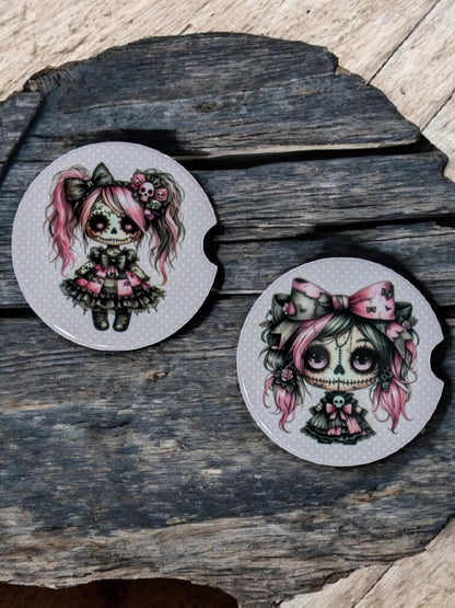Creepy Dolls Car Coasters, Pink, Ceramic Set of 2