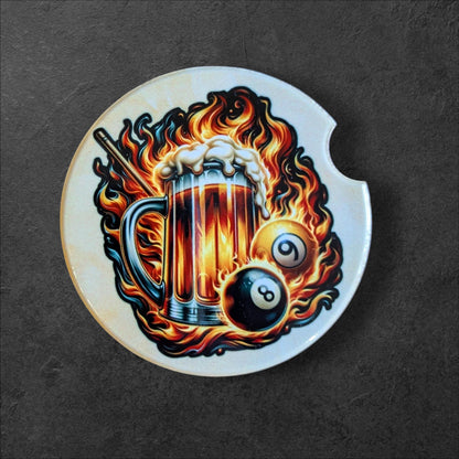 Beer & Billiards, Ceramic Car Coasters Set of 2