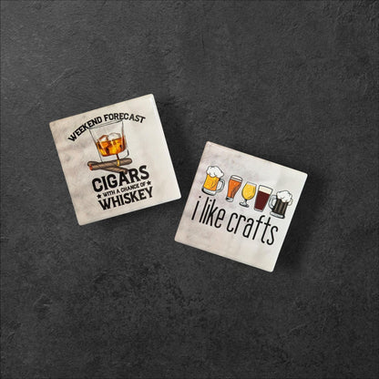 Beer Drinker Gift, Beer Lover, Beer & Cigars Coasters Set of 2