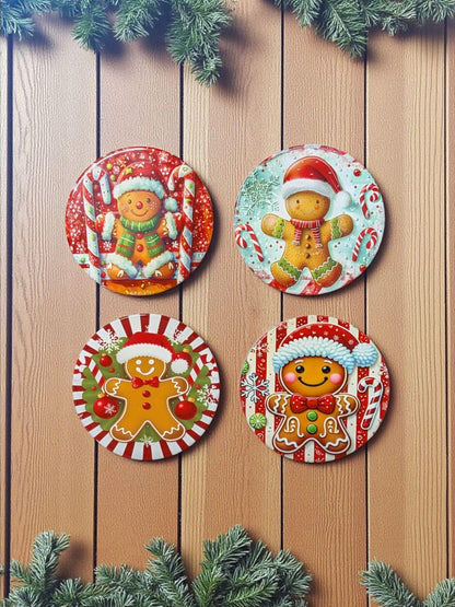 Coasters, Christmas Gingerbread Men in Santa Claus hats set of 4.