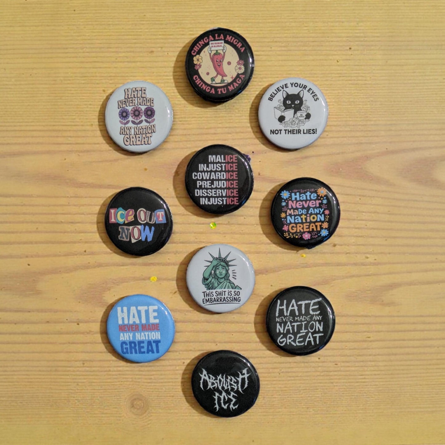 Abolish ICE Pinback Buttons, Political Protest Art, 1.25"
