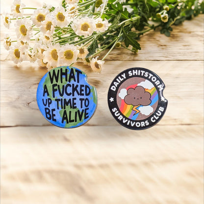 Car Coasters, Survivors Club & What A F'd Up Time To Be Alive, Set of 2