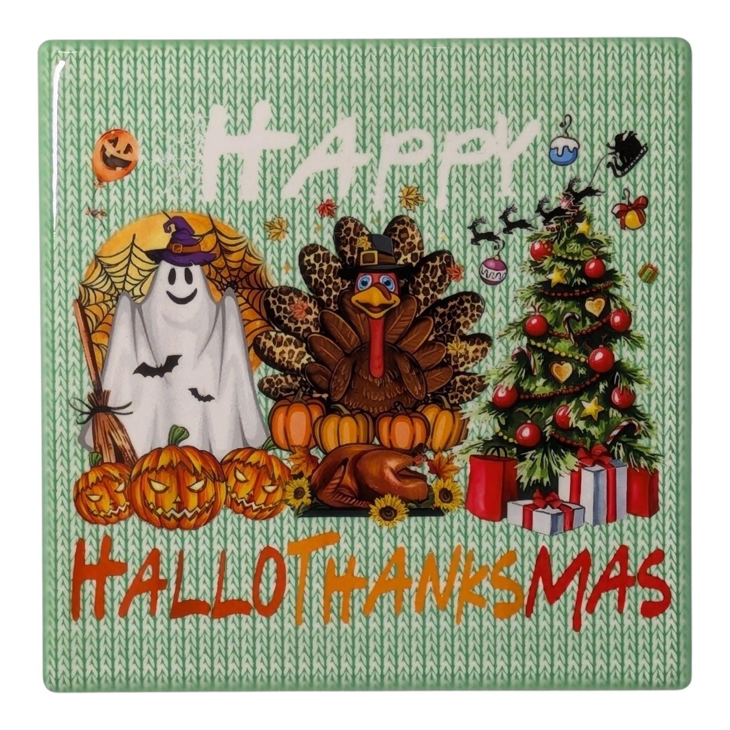 Happy HalloThanksMas Coasters, Set of 2,   Halloween, Thanksgiving, Christmas Theme