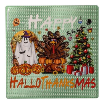 Happy HalloThanksMas Coasters, Set of 2,   Halloween, Thanksgiving, Christmas Theme