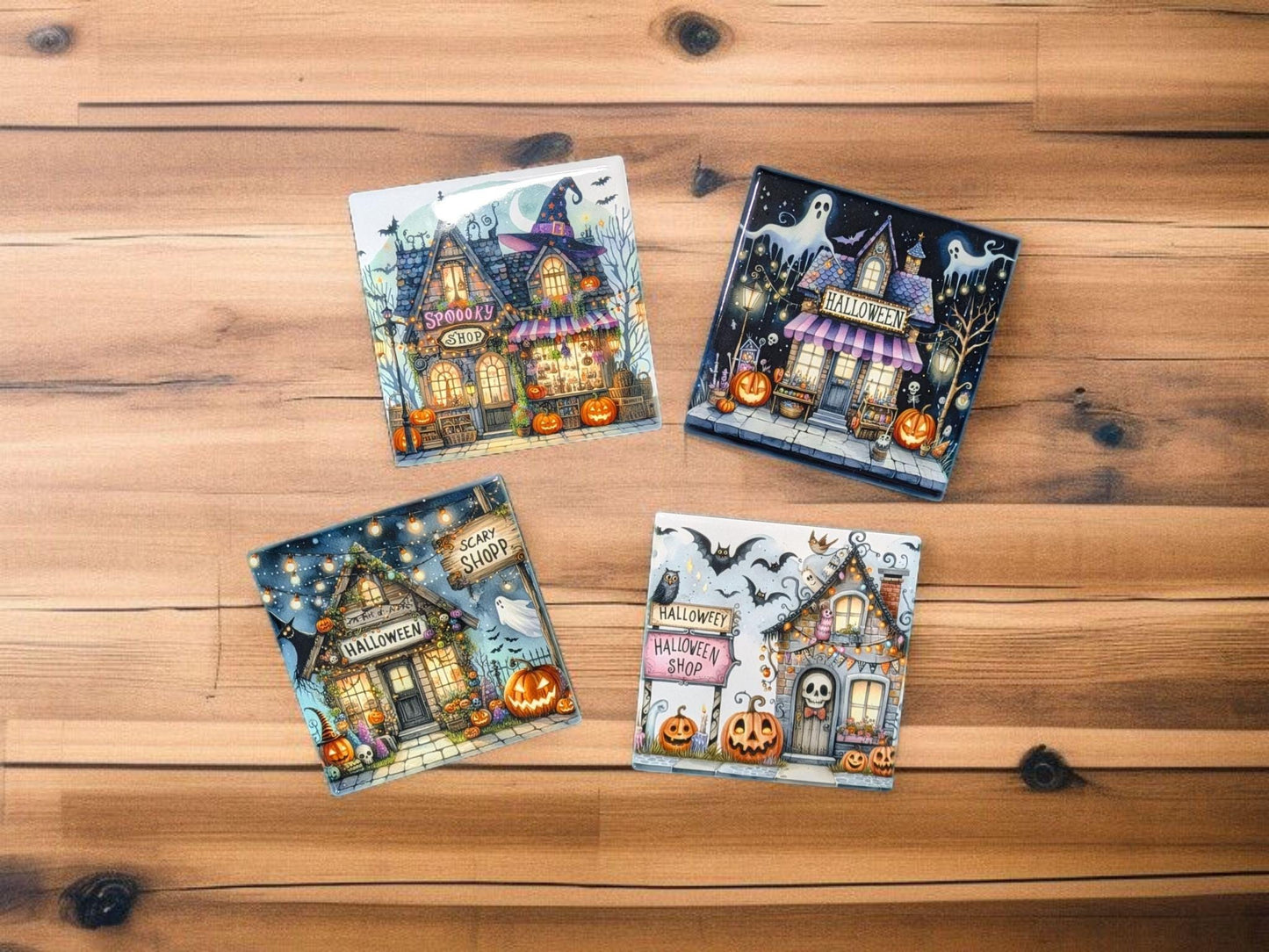 Halloween Coasters, Haunted Shops, Set of 4.