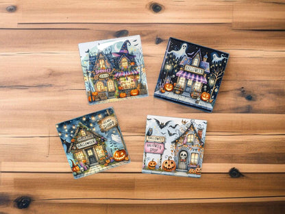 Halloween Coasters, Haunted Shops, Set of 4.