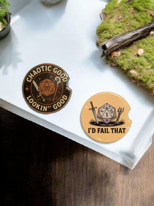 D20, I'd Fail That, Gaming Dice, Car Coasters Set of 2