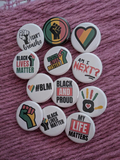 Black Lives Matter Pinback Buttons, BLM Awareness, Social Justice Pins, 1.25"