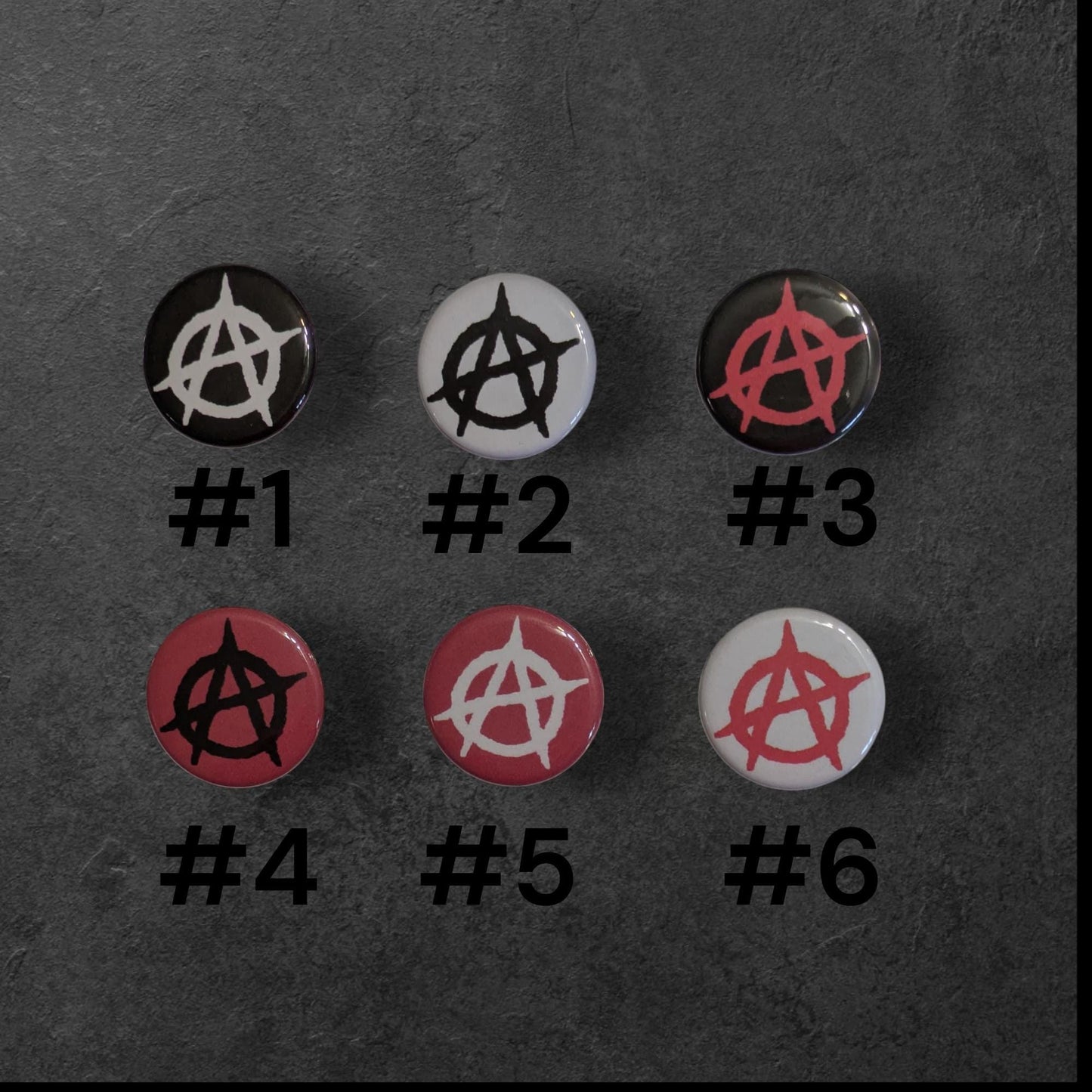 Anarchy Buttons, Pin Back, Multiple Colors
