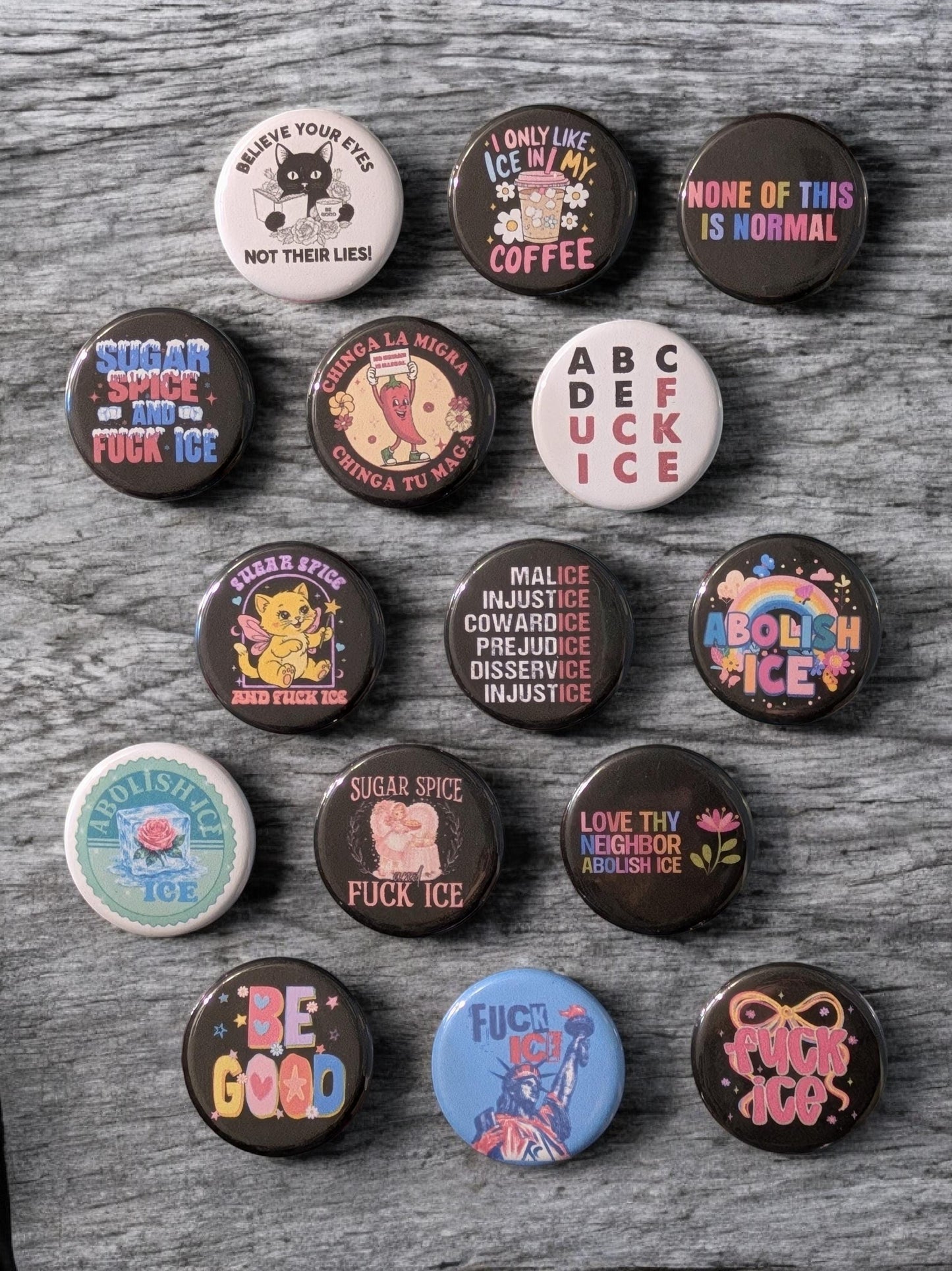 Sugar & Spice, Abolish ICE Pinback Buttons, Activist Protest Pins, 1.25"