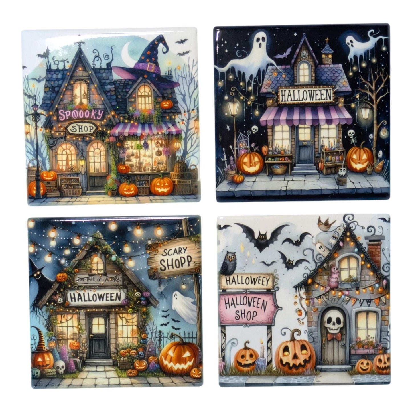 Halloween Coasters, Haunted Shops, Set of 4.