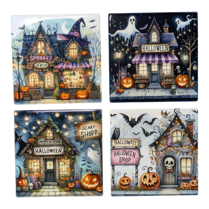 Halloween Coasters, Haunted Shops, Set of 4.